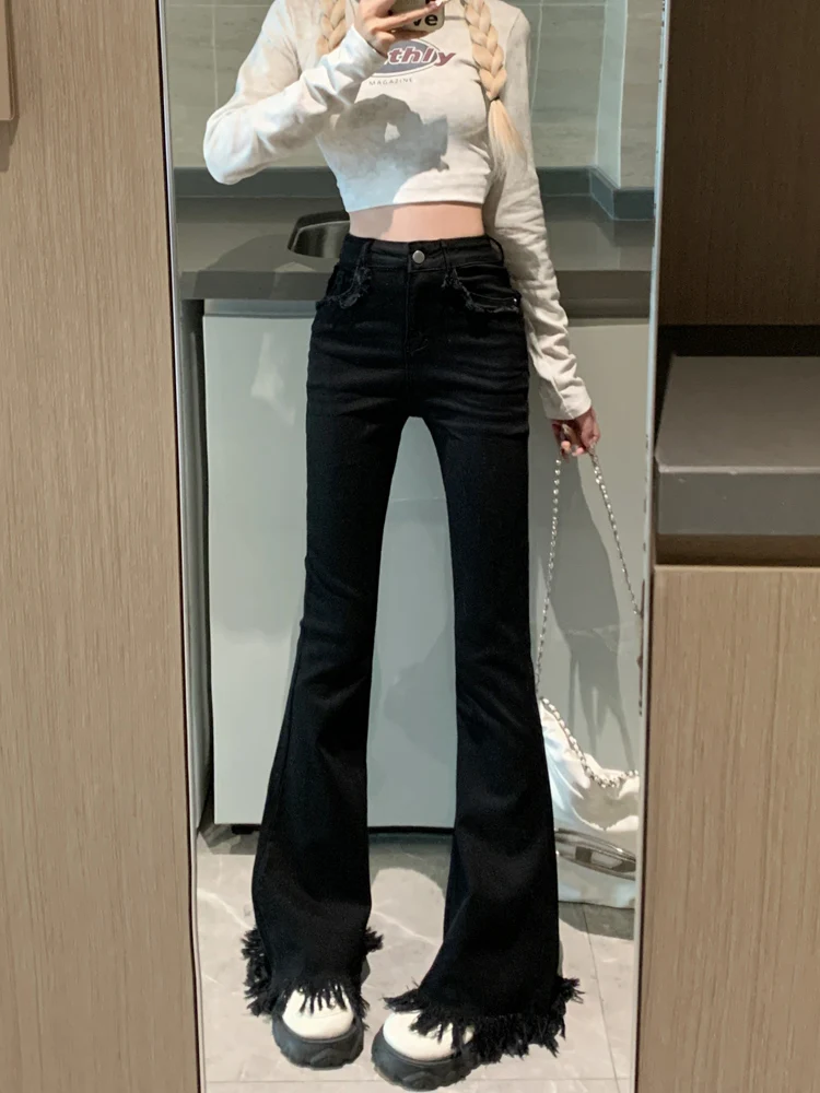 

Расклешенные джинсы с высокой талией, женские брюки большого размера, хлопковые эластичные джинсовые осенние брюки с кисточками и подолом, эффект похудения