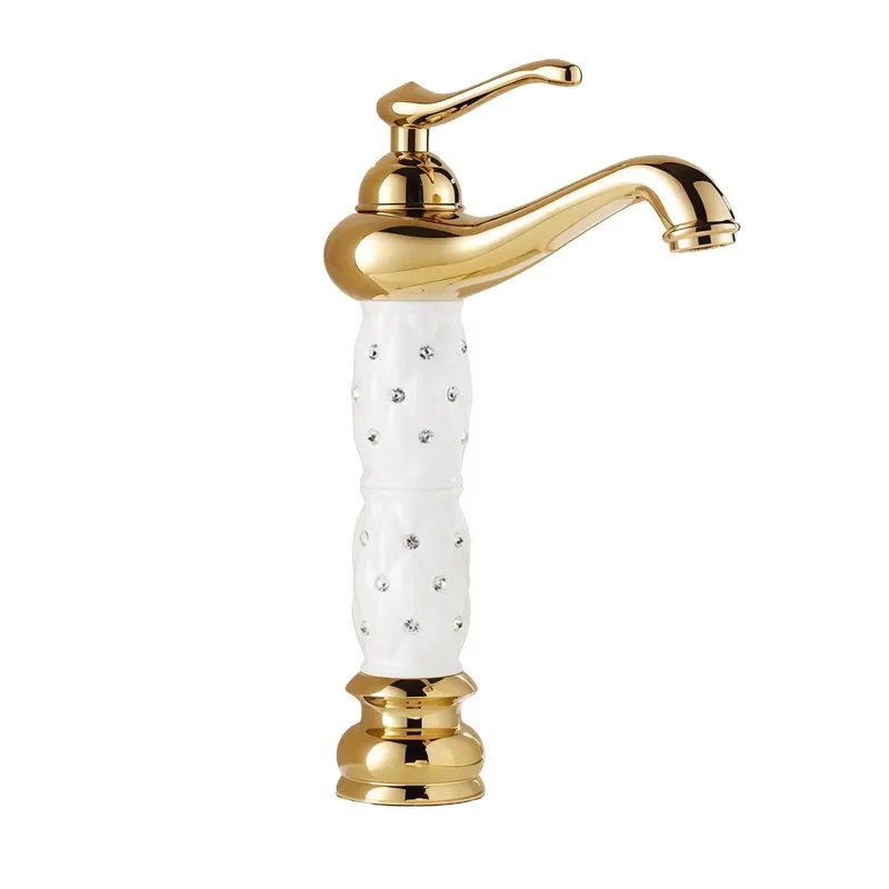High Rise Single Hole Hot & Cold Mixer Tap, All Copper Gold Black White Diamond Encrusted Seated Basin Faucet For Bathroom
