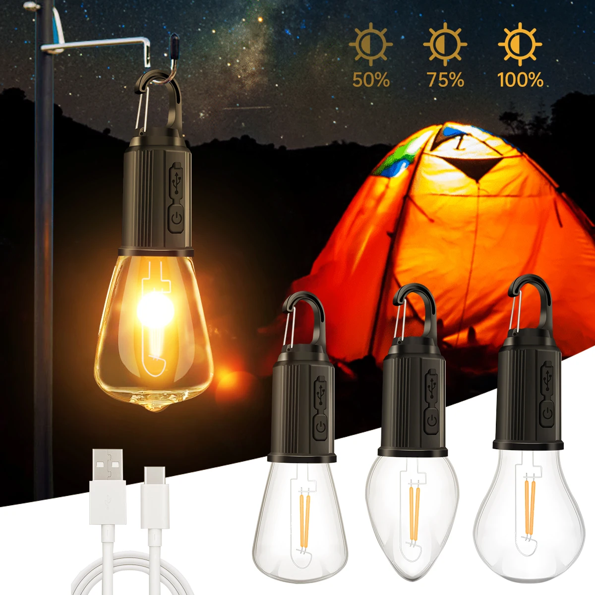 

Camping Lights USB Rechargeable Vintage Light Bulbs Dimmable 3 Way LED Camping Lantern for Hook Outdoor Camping Hiking Tent