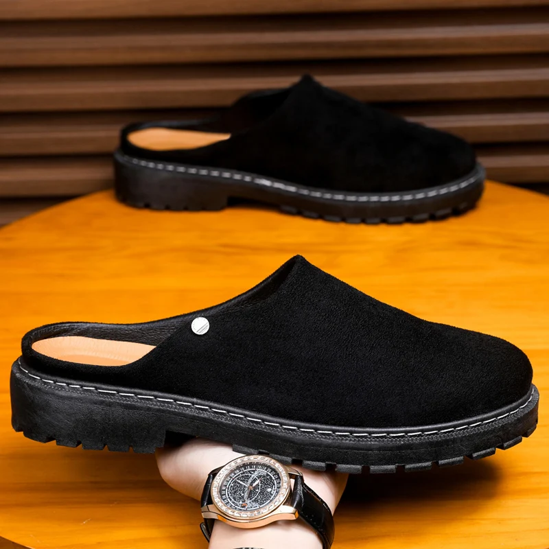

Black Men's Half Shoes Summer Casual Shoes Comfortable Suede Leather Shoes For Men Loafers Breathable Slip-on Shoes Man Slippers