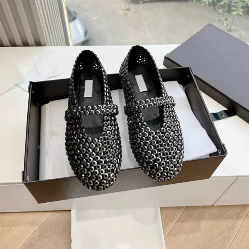 Designer Brand Original Colorful Crystal Ballet Flats Women's Single Buckle Full Bead Openwork Flat Sandals