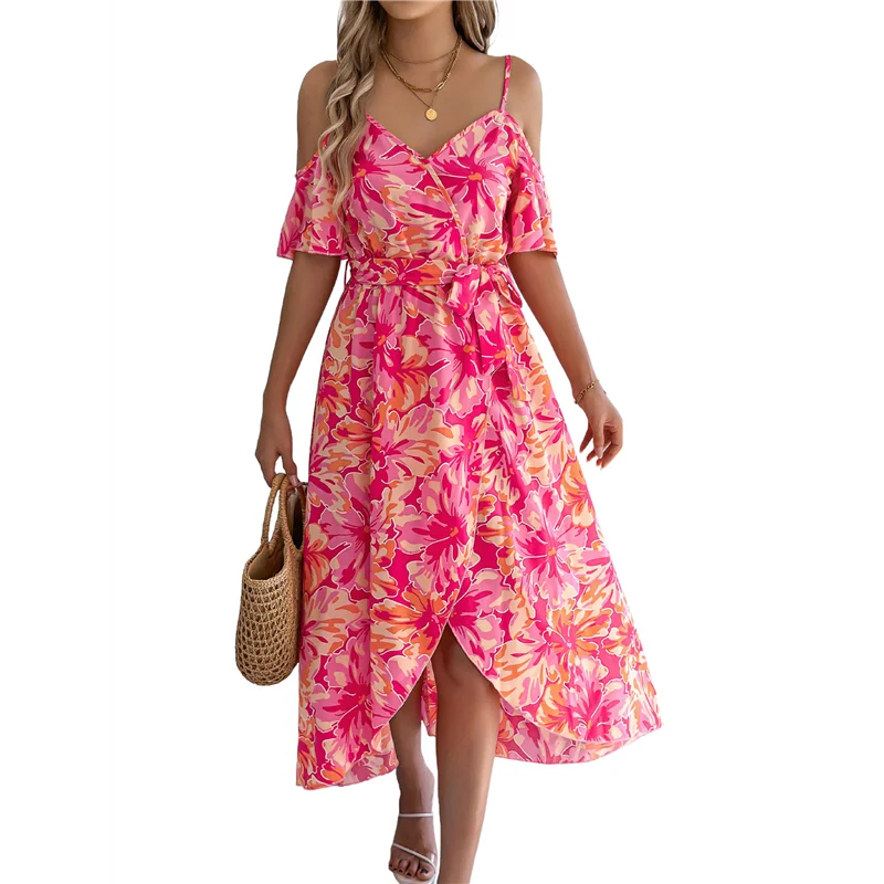 【SEE】Maxi Dresses For Women 2025 Summer Boho Cold Shoulder Suspender V Neck Dress Casual Split Thigh Flowy Long Dress