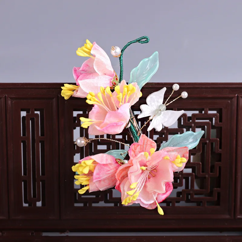 Luck Bracelet Hand String Pink Flower Butterfly Hairpin Hanfu Headwear New Chinese Silk Flower Hair Accessories Antique Zhonghua