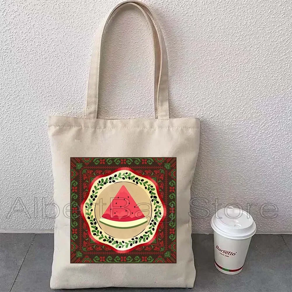 Floral Cute Watermelon Art Gifts Love Peace Embroidery Tatreez Colorful Olive Funny Arabic Words Canvas Tote Bag Shopper Handbag