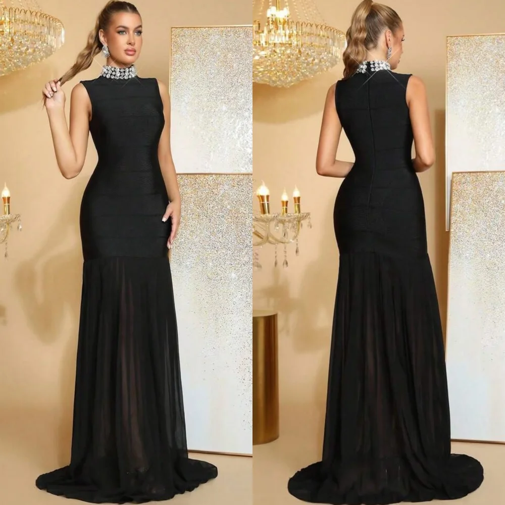

Customized High Quality Classic Chiffon Rhinestone Pleat Straight High Collar Long Dresses Bespoke Occasion Dresses Matching