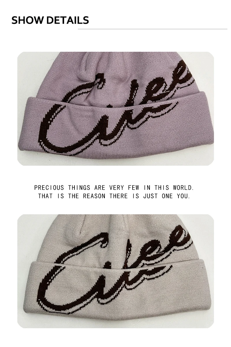 Neue Herren- und Damen-Strickmützen im American Street-Stil mit Jacquard-Buchstaben, warm, retro, vielseitig, individuelle Beanies, Farbblock-Design, schlichte Mode, Ins-Stil – Detail 3