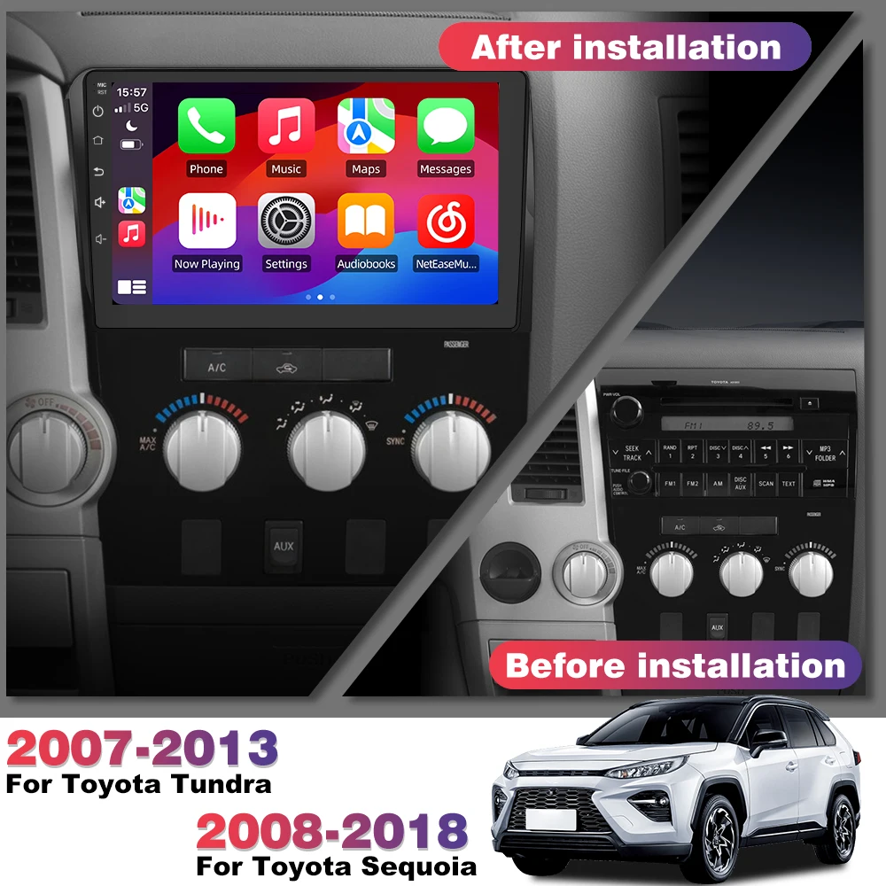 Junsun Wireless Carplay Android Auto Android 15 Car Multimedia Touch Screen Head Unit for Toyota Tundra 2003 2004 2005 2006 2007 2008  Sequoia 2008-2018 GPS Radio Bluetooth 5.0 4G LTE 5G WiFi Smart Voice Control Stereo Receiver