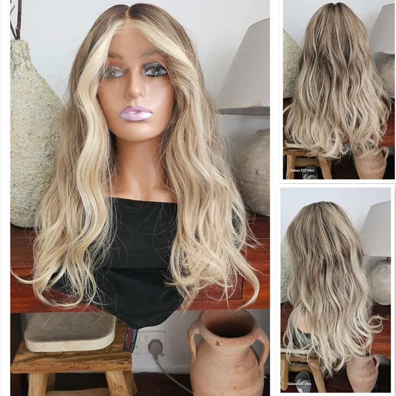 Brown Blend Ash Blonde Lace Front Wig Money Piece Highlights Medium Wig Heat Resistant Synthetic Hair Lace Wigs Ladies Daily Use