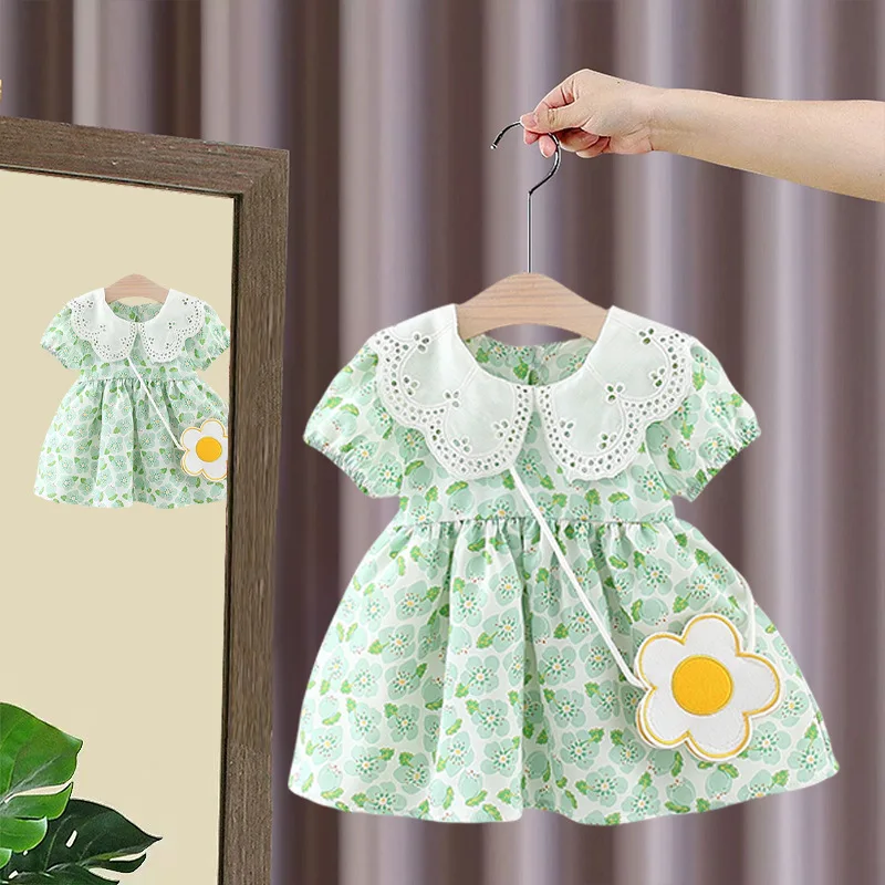 Baby Children's Summer New Doll Neck Lace Panel Printed Dress Children's Short Sleeve Full Print Princess Dress and Bag