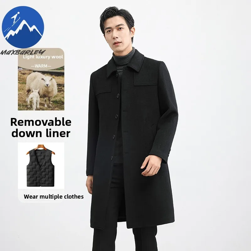 Maxbarley Mens Wool Blends Coat Mid Length Winter Working Thickened Wool Jacket Detachable Down Vest Business Casual Trench