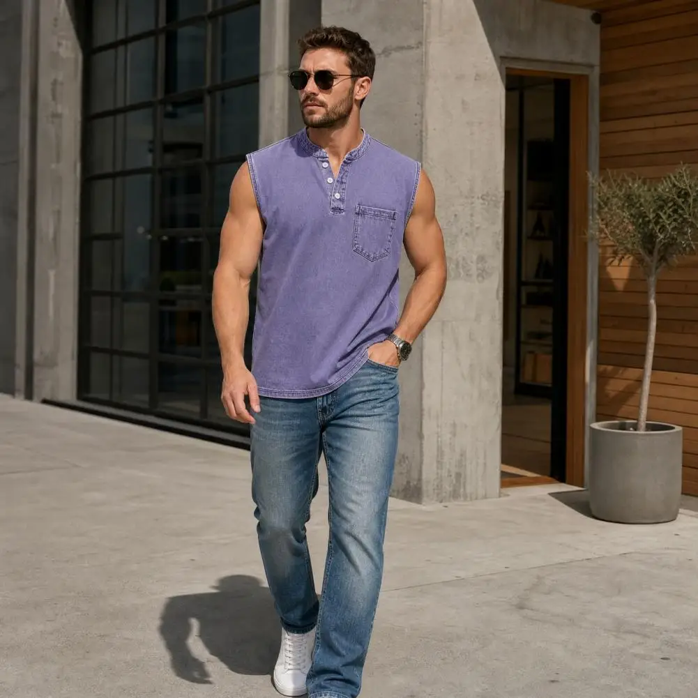 Sleeveless Men Top Breathable Shirts, Casual Summer Lightweight Pocket Top, Button Up Solid Color Stretchable Top for Summer