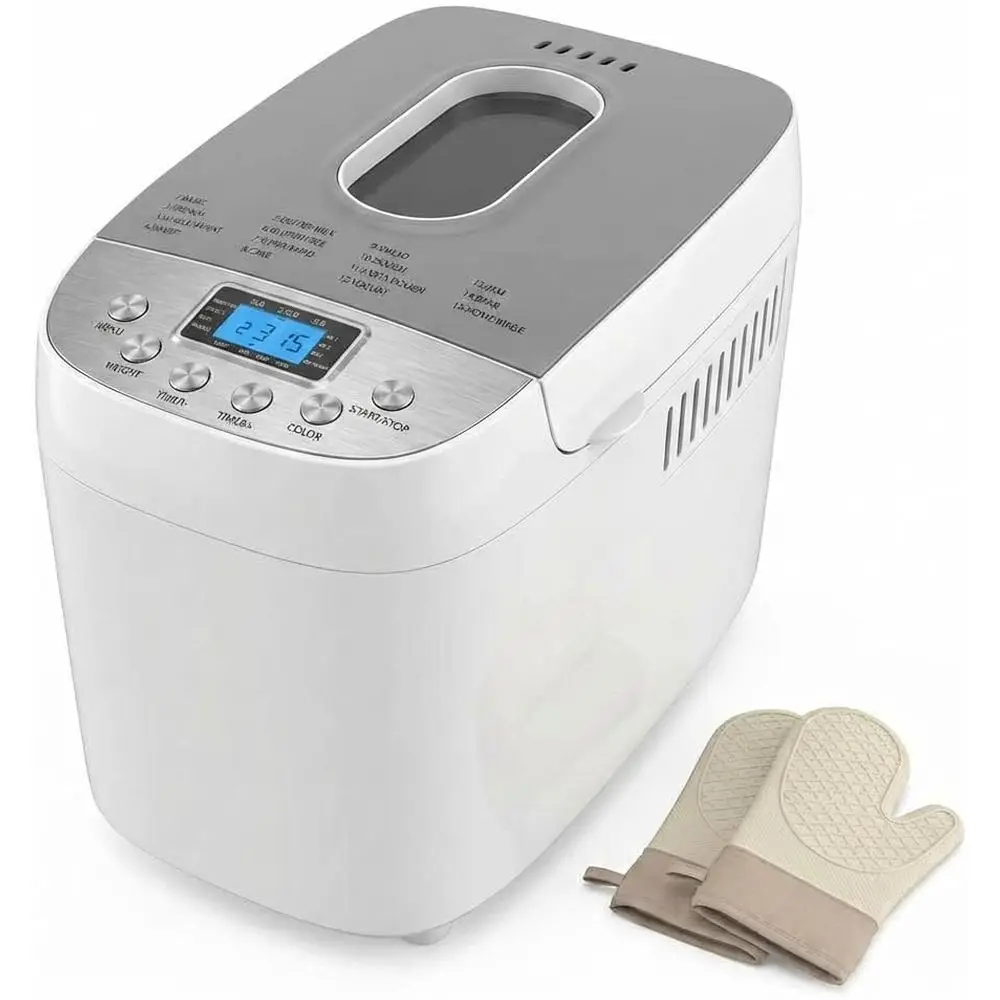 

15-in-1 Automatic Bread Machine with Silicone Gloves, Dual Paddles, Nonstick Pan, 15-Hour Timer, 3 Loaf Sizes, 3 Crust Levels, a
