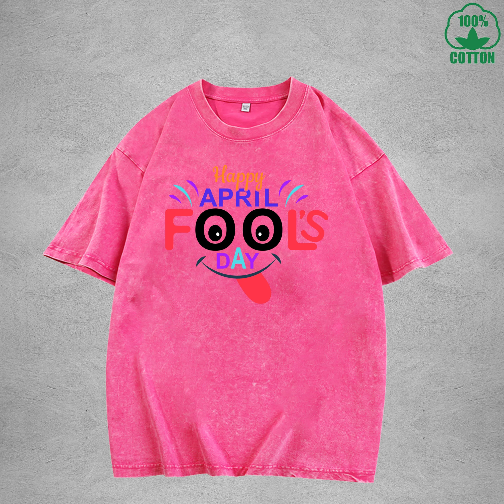 Happy April Fool Days Interest Printed Washed T-Shirt 230G Multicolor Loose Trendy Fashionable 100%Cotton Short Sleeve Top