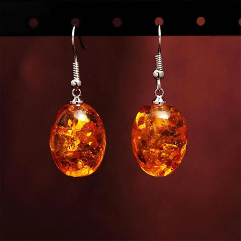 Vintage Oval Shaped Faux Amber Dangle Hook Earrings Women Piercing Jewelry Gift