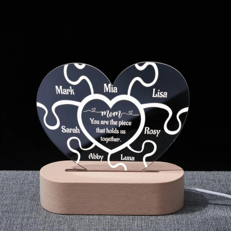 Mom Puzzle Piece Acrylic Heart Shape Night Light Personalized Room Lamp Custom Family Name Engraved Text Home Decor Parents Gift