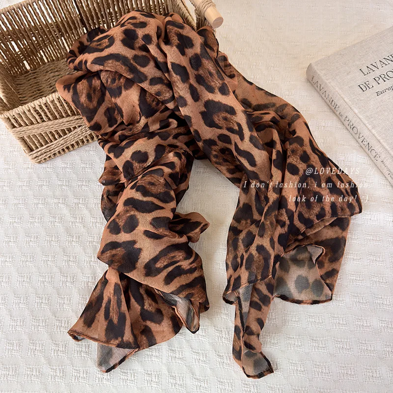 Scarf Women Vintage Brown Leopard Long Polyester Lightweight Elegant Commute Office Travel Spring Autumn Daily