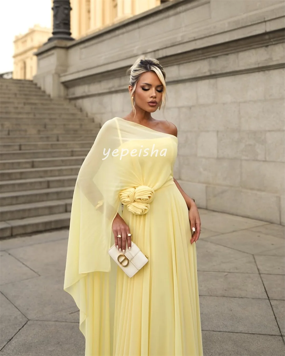 Vestidos largos clásicos personalizados de gasa drapeados con pliegues hechos a mano y flores, vestidos largos de un solo hombro, vestidos para ocasiones a medida, sencillos y elegantes