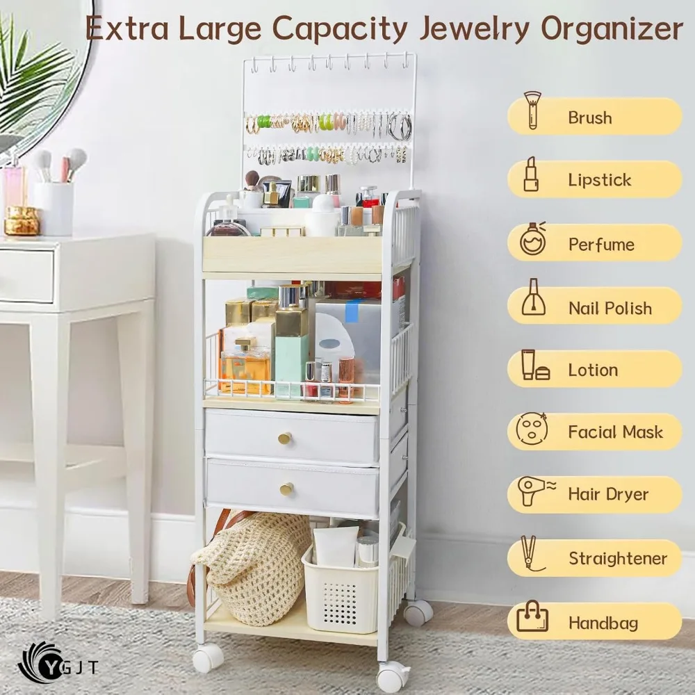 Floor Cosmetic Organizer with Drawers and Jewelry Holder, Modern Vanity Storage for Skincare Makeup Tools