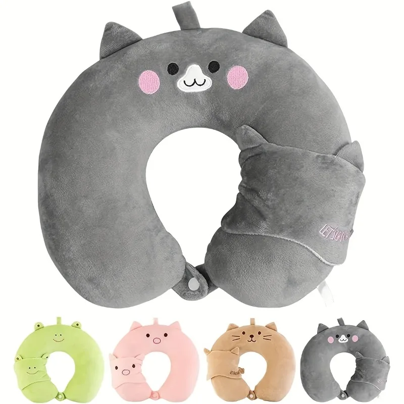 Travel Pillow with Eye Mask Cartoon Animal U-shaped Pillow Eye Mask Neck Pillow Travel Set PP Cotton Support Travel Accessories