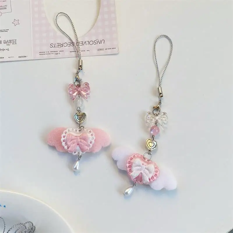 Bonito doce asas de anjo bowknot telefone cordão cinta chaveiro pingentes anti perdido telefone corrente saco ornamentos feminino telefone charme presentes