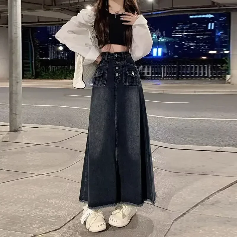 Vintage Women High-Waisted A- Line Denim Skirt For Women New Spring-Summer Design Slimming Straight-Leg Long Dress