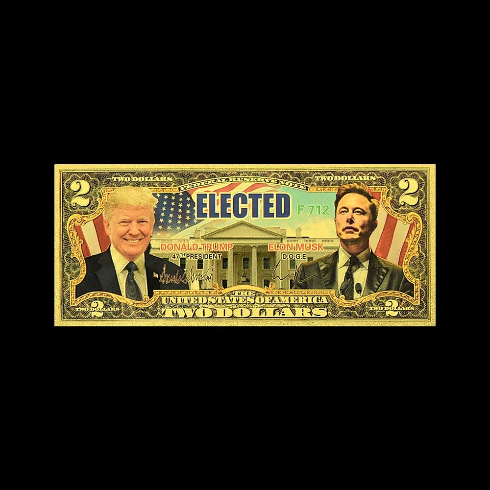 2024 Donald Trump&Elon Musk Elected Two Dollars Gold Foil Banknotes US President Plastic Money Fans Collection Gift