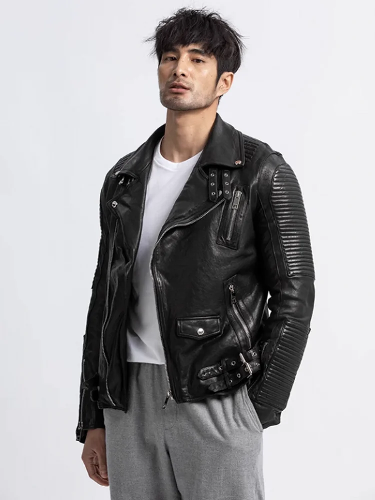 Italian Runway Luxury Mens Sheepskin Genuine Leather Jacket Fashion Slim Fit Short Zippers Moto Biker Coat Punk Style Outwear