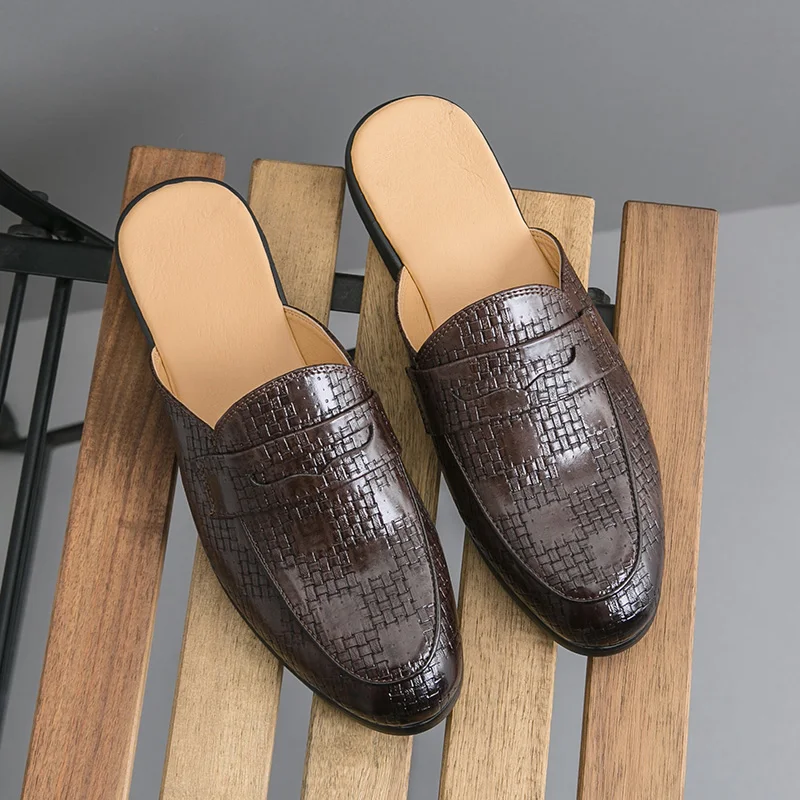 Summer Luxury Men Slipper Breathable Half Loafers Man Outdoor Leather Retro Flats Heels Party Slippers Slip On Comfy Casual Shoe