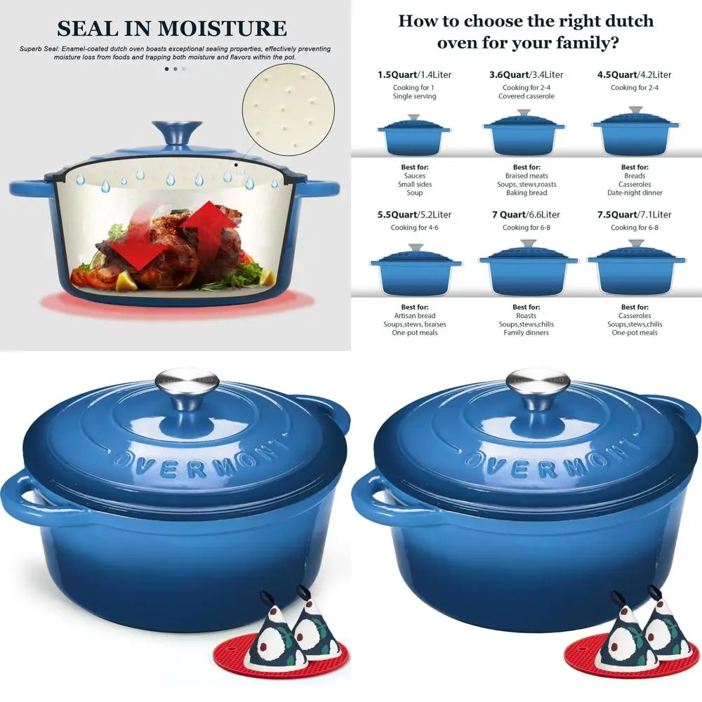 

5.5 Quart Enamel Dutch Oven with Lid and Cotton Potholders - Versatile Cookware for Braising, Stews, Roasting, and Baking