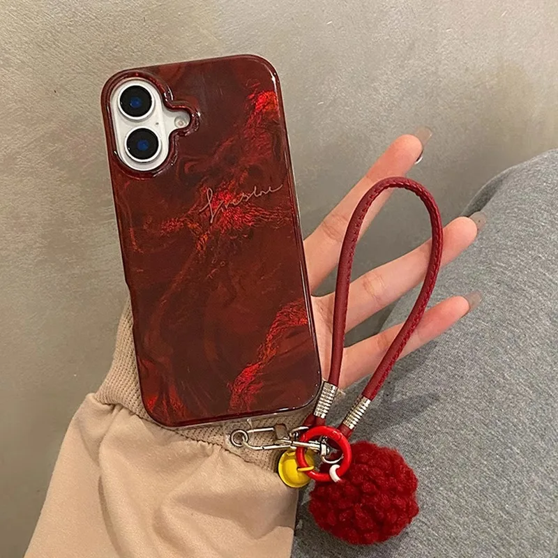 Perforated vortex shell with red gradient blending, phone case with bell and leather strap for iPhone 11 12 13 14 15 16 pro max