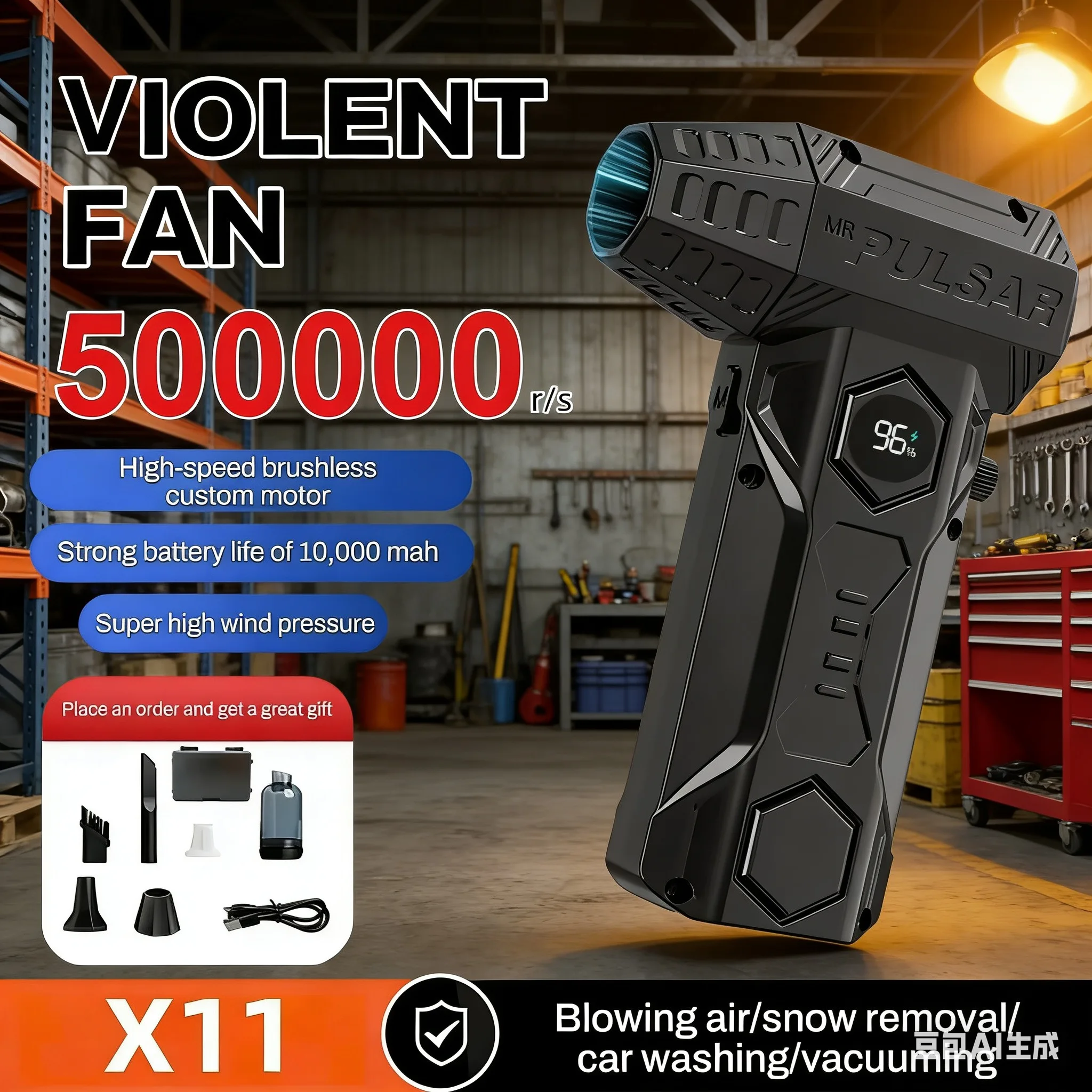 

X11Pro Turbo Jet Blower 1000000RPM Brushless Motor Powerful Air Blower Wind Speed 75m/s 10000mAh Violent Turbo Fan Vacuum Kit