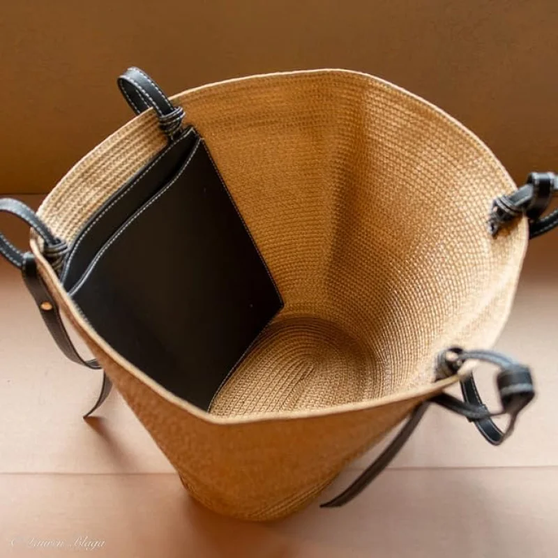 Panier Соломенная тканая сумка-тоут Веганская кожаная сумка с ремнями Внутренняя сумка Пляжная приморская плетеная корзина из рафии из ротанга Большой кошелек Фермера