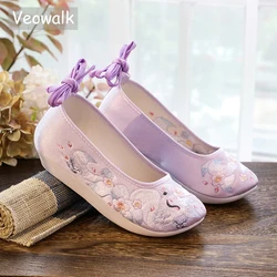 Veowalk Women Cotton Embroidered Soft Platform Flats Comfortable Autumn Winter Faux Fur Lining  Ankle Strap Sneakers Shoes