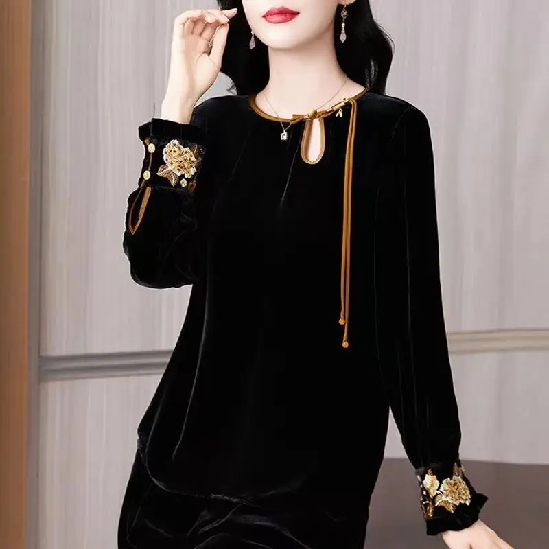 

Embroidered Velvet Top Gold Velvet Long Sleeved New Style Slimming Chinese Style New Chinese Style Pullover Round Neck T-shirt