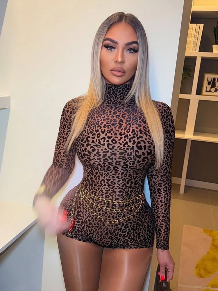 

Weird Puss Leopard Print Romper Women See Through Sexy Full Sleeve Turtleneck Fall Fit Skinny Playsuit Stretch Midnight Clubwear