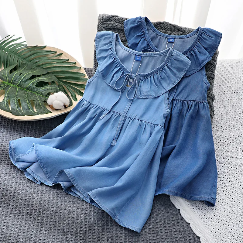 

Children's Tencel Denim Light And Thin Skirt Summer Breathable Cool Girls Dress Solid Color Soft And Comfort New Fashion Clothes