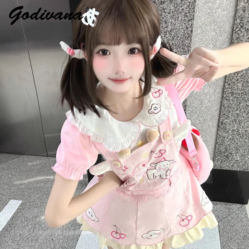 Original nouvel été fille filles Kawaii poupée col rose à manches courtes T-shirt doux sangle jupe femmes robe à bretelles ensemble