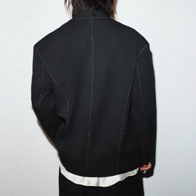 EAEOVNI 스트라이프 여성 투피스 세트 패션 노치드 롱 슬리브 블레이저 코트 롱 팬츠 와이드 레그 트라우저 오피스룩 가을 신상