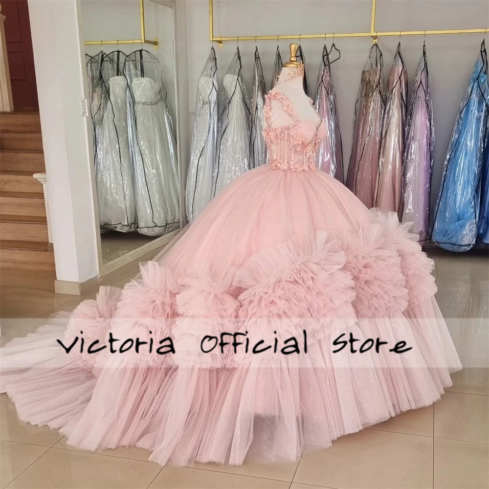 Appealing Puffy Pink Tulle Ruched Train Lace Corset Quinceanera Dress Ball Gown 18th Birthday Debut vestido de charra 15 años