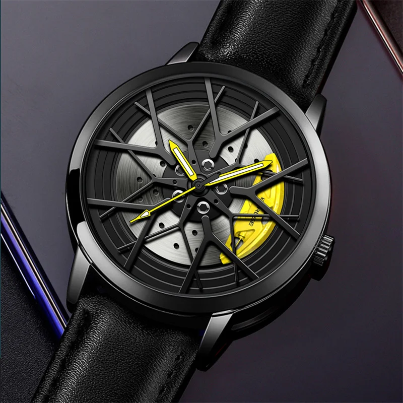 BORUSE Fashion Mens Car Wheel Watches Luminous Clock Luxury Men Sports Waterproof Quartz Wrist Watch Leather Strap Watch