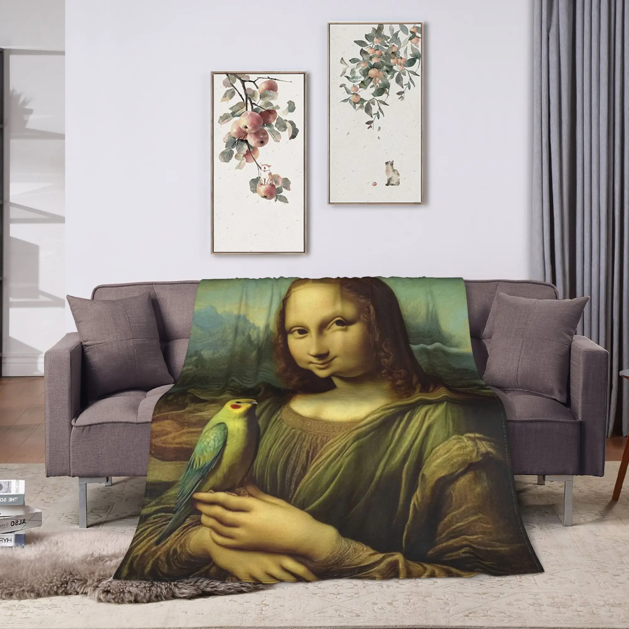 Cute Parrot Mona Lisa Flannel Blankets Girls  Warm Comfy Bedding Throws Winter Outdoor Bedspread Sofa Bed Cover
