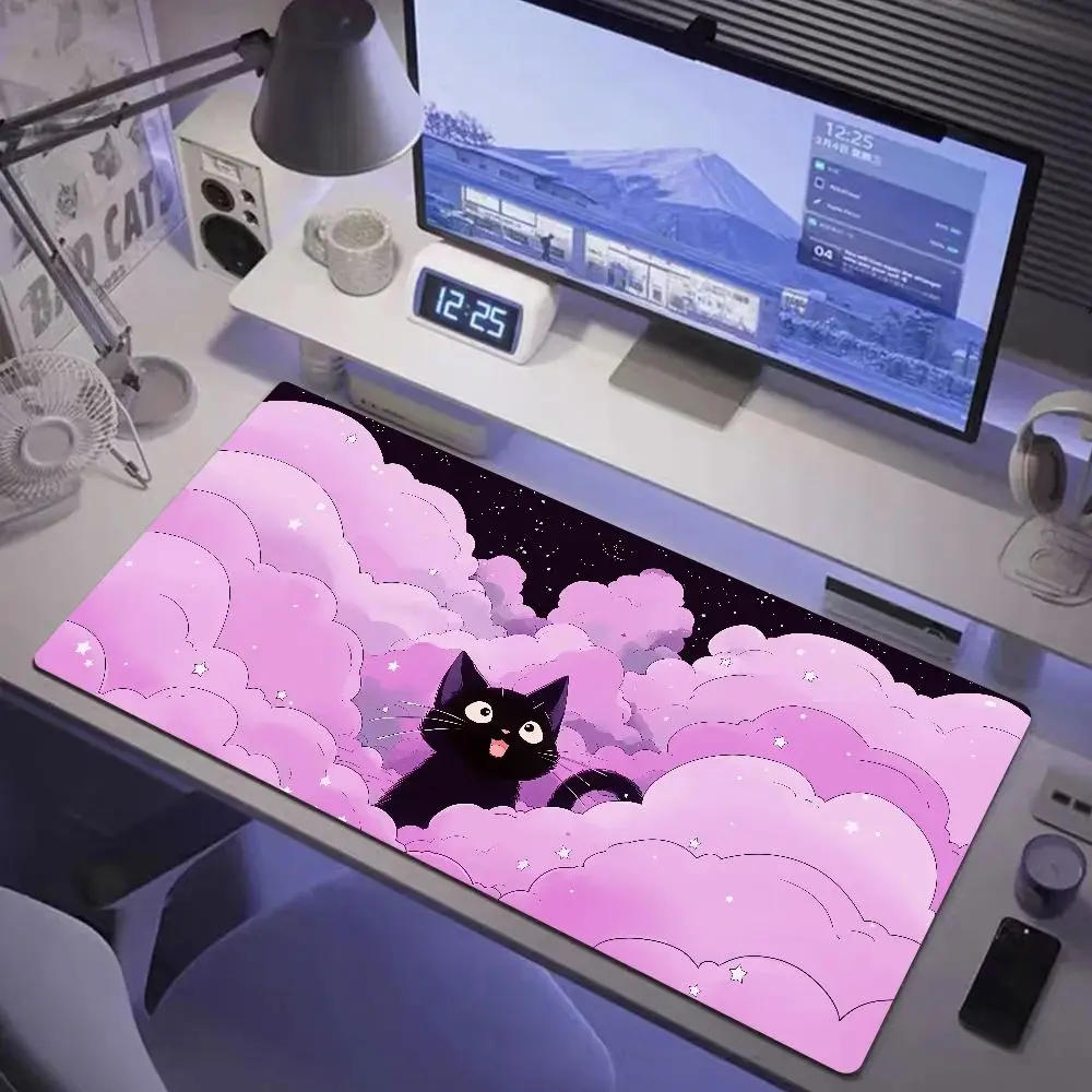 Kawaii Black Cat Green Plants Mousepad XXL Anime Pc Gamer Cabinet Mat Keyboard Carpet Computer Gaming Accessories HD Pad Rubber