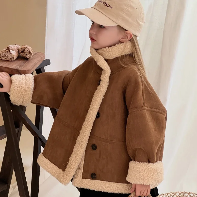 Girls Retro Lamb Wool Coat Children Casual Coat Kids Winter Jacket for Girl Coat Winter Clothes for Girls Outerwear Ropa De Niña