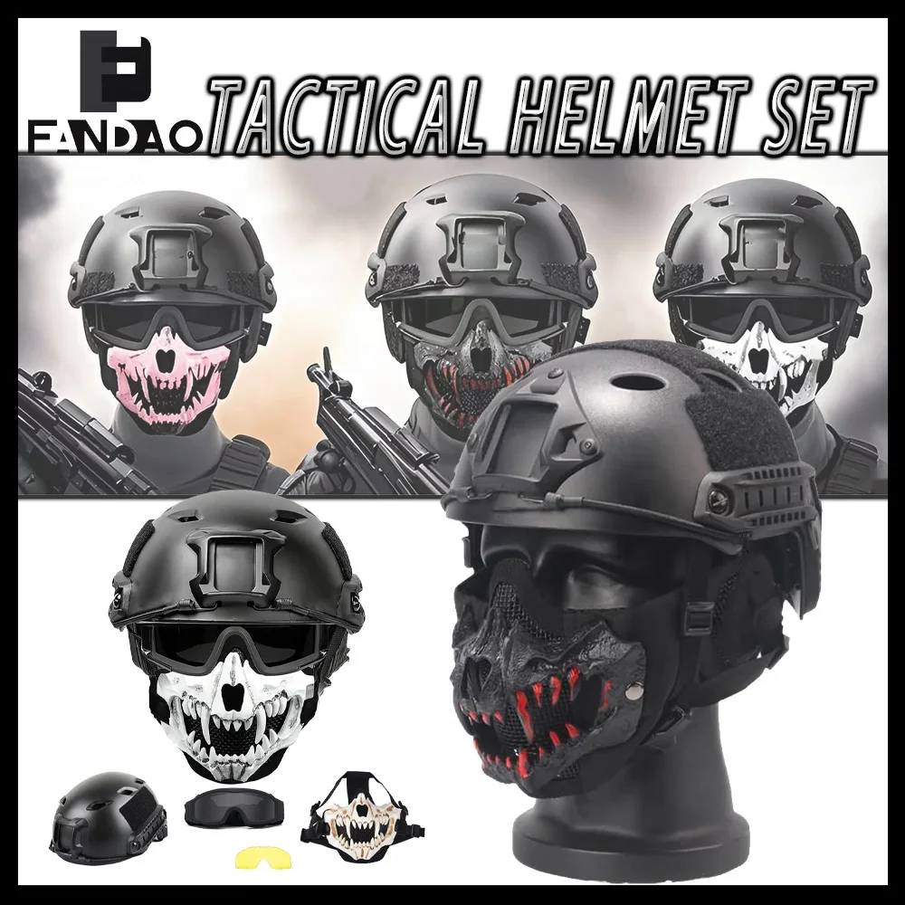 

Tactical Airsoft Helmet Set Fast Full Face Protection Set with Skull Half Mask 3 Colors Goggles for Halloween Cosplay CS Games