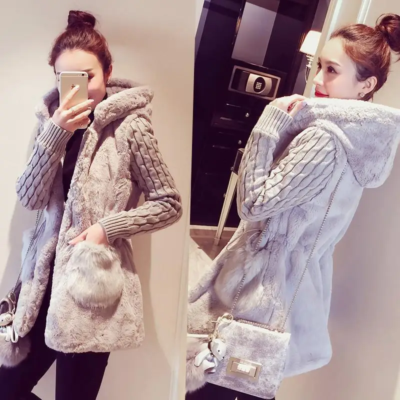 

2026 New Spot Women's Fashion Jacket Knitted Splicing Plush Imitation Fur Thickened with Hat