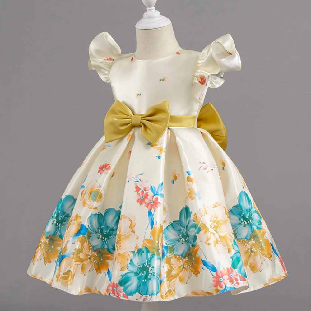 HETISO Flower Printed Summer Casual Dresses for Girls Cute Sweet Bowknot Kids Child Gown 1-6 Years