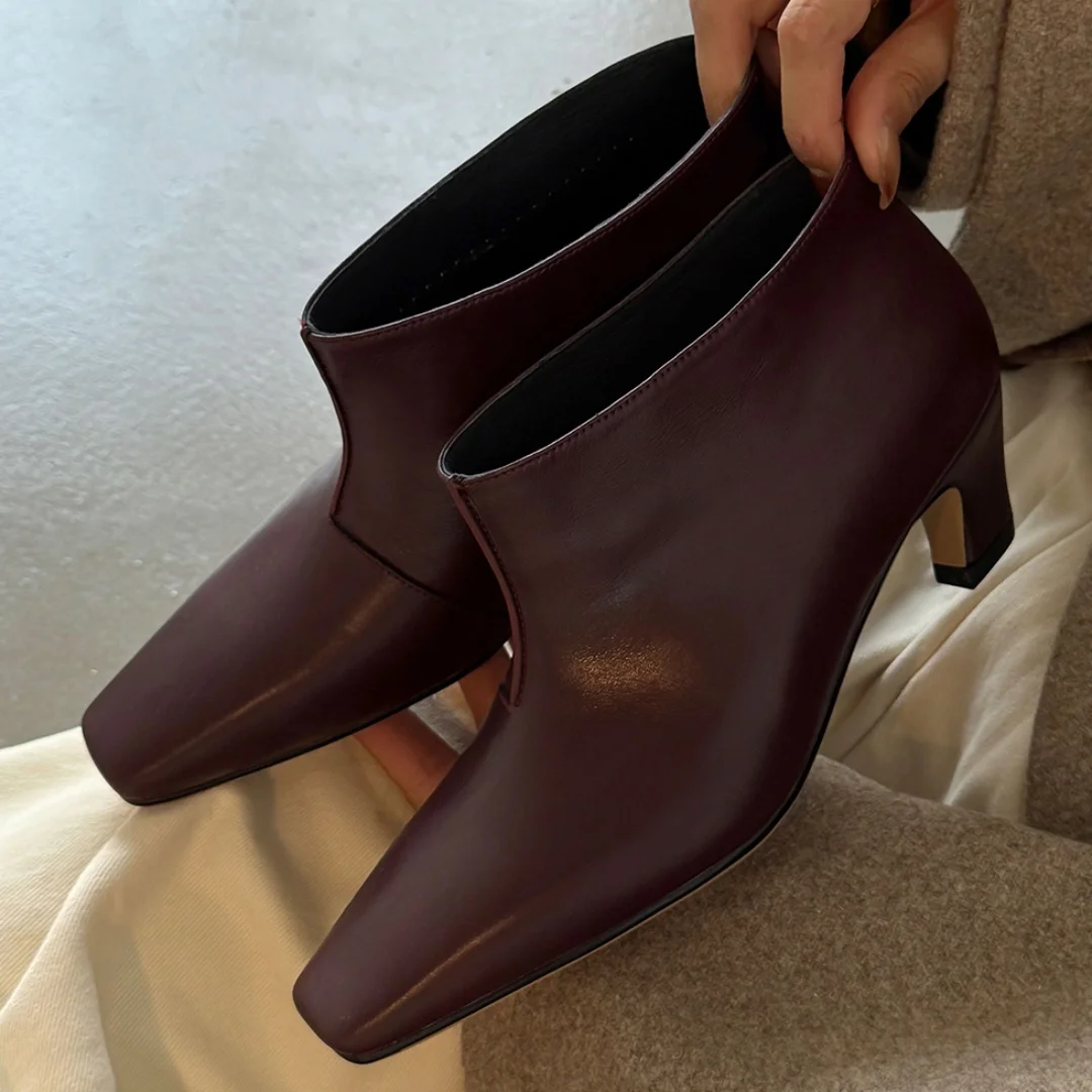 

Women's genuine leather square toe slip-on autumn ankle boots high quality soft comfort 5cm thin high heel elegant short booties
