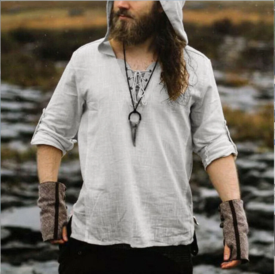 Man Retro Medieval Pirate  Cosplay Shirt Vintage Casual Male Hooded Knight Linen Renaissance Nordic Tunic Bandage T-shirt