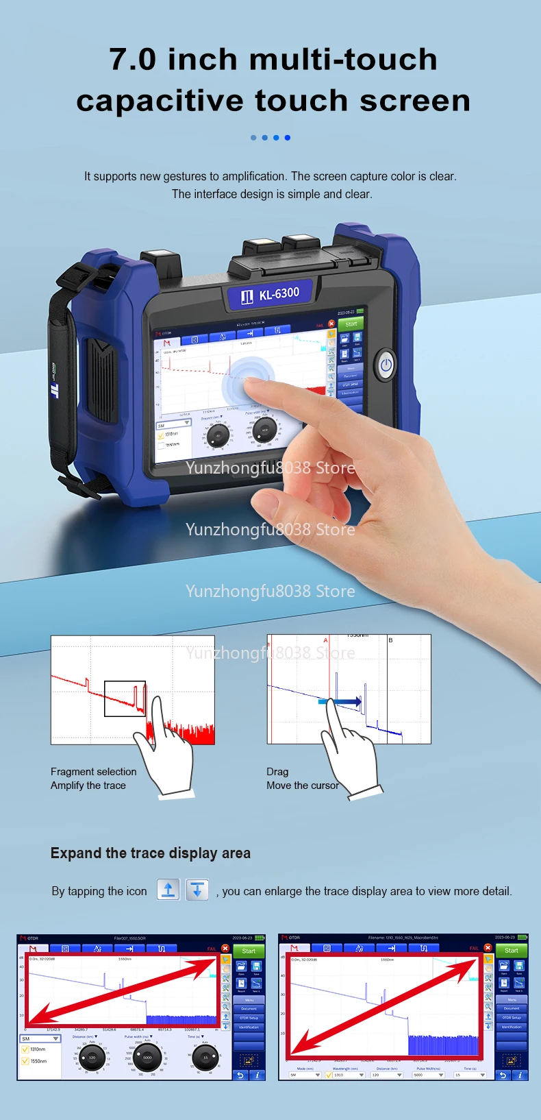 KL-6300 OTDR مدمج في iLOA OPM OLS VFL RJ45، اختياري (GPS WiFi) الألياف النشطة PON المجال الزمني البصري Refle #6