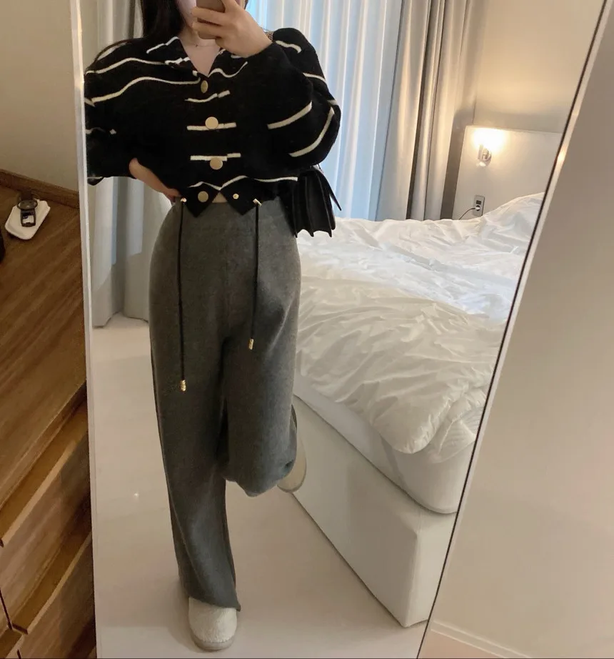 Loose Women's Knitted Cardigan Coat with Big Pockets Striped Splicing Drawstring Hem Single Buttoned Open Front Sweater